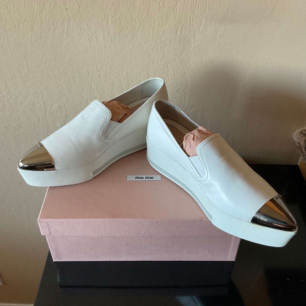 Miu Miu Prada New! ❤️ White Nappa Leather Metal Point Cap Platform Sneakers
